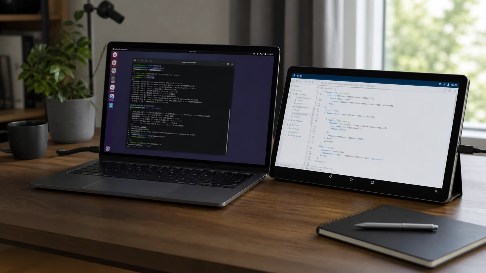 Linux laptop and Android tablet used together on a desk
